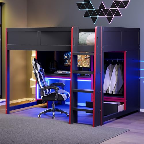 Modern Full Size Gaming Loft Bed with Built-in Desk and Storage Wardrobe, Wood Loft Bed Frame with Light Strip and 2 Drawers