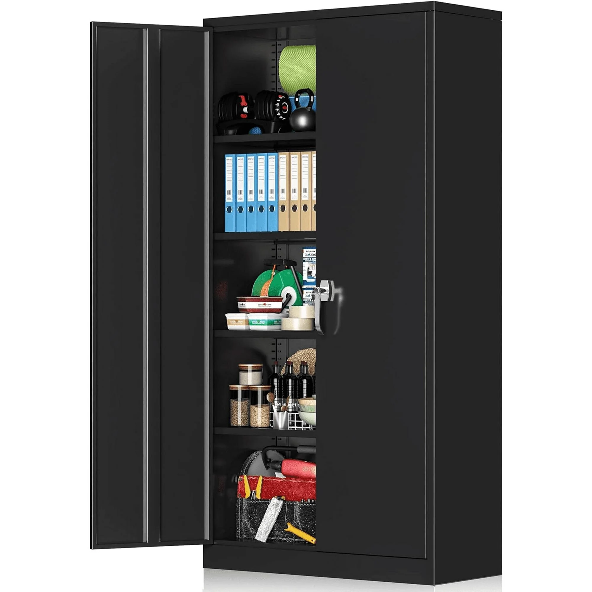 72 inch Metal Garage Storage Cabinet with Locking Doors and Adjustable Shelves Black Metallic Finish