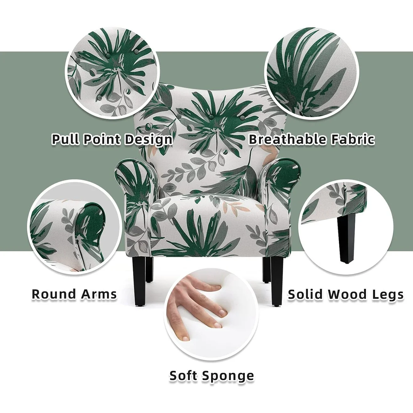 Erommy Wing back Arm Chair, Upholstered Fabric High Back Chair with Wood Legs Green leaves Floral