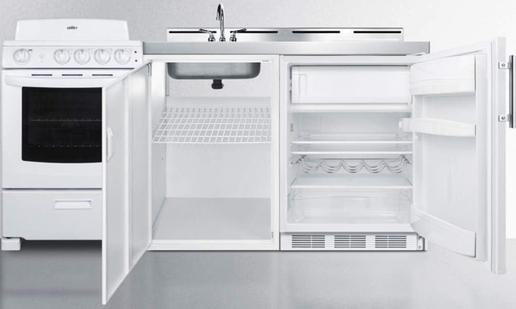 Summit Appliance ACK72COILW 72" Wide All-in-One Kitchenette with 220V 4-Element Electric Coil Range, Refrigerator-Freezer, Sink