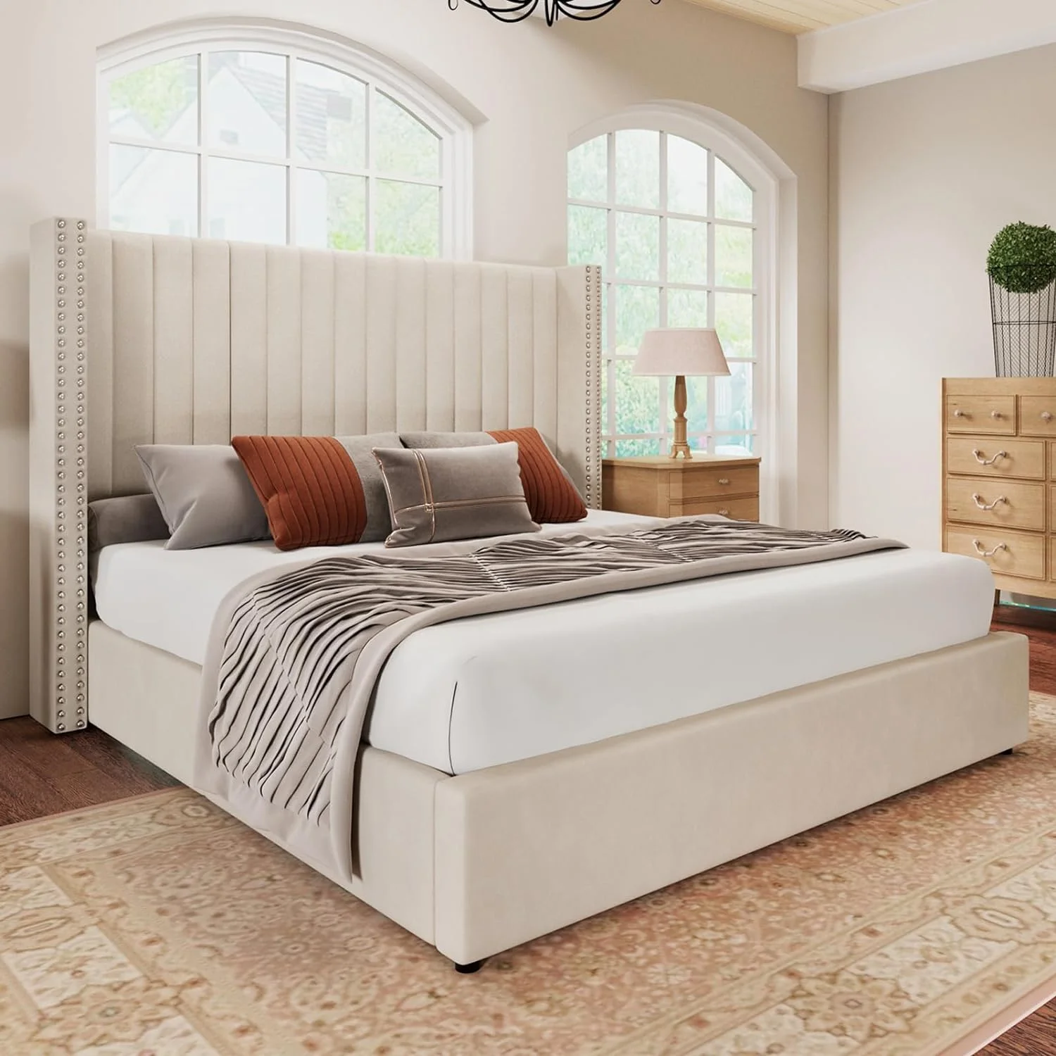Jocisland Queen Bed Frame Lift Up Storage Bed, Velvet Queen Upholstered Bed Frame Channel Tufted Wingback Headborad/No Box Spring Needed/Cream