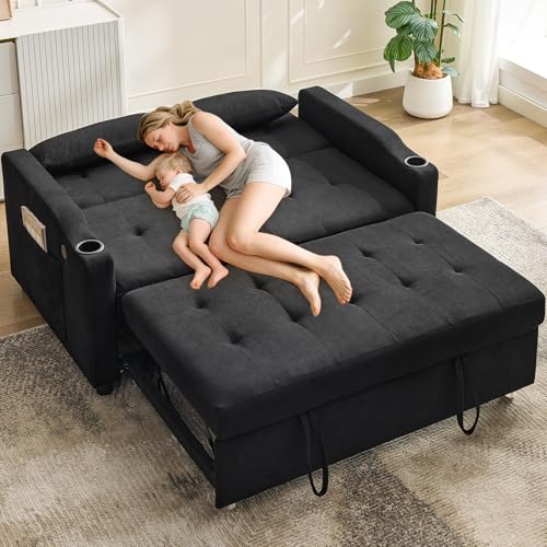 GarveeHome 3 in 1 Convertible Sleeper Sofa Bed, Corduroy Futon Couches with Pull-Out Bed, Adjustable Backrest, Charging Port & Side Pockets