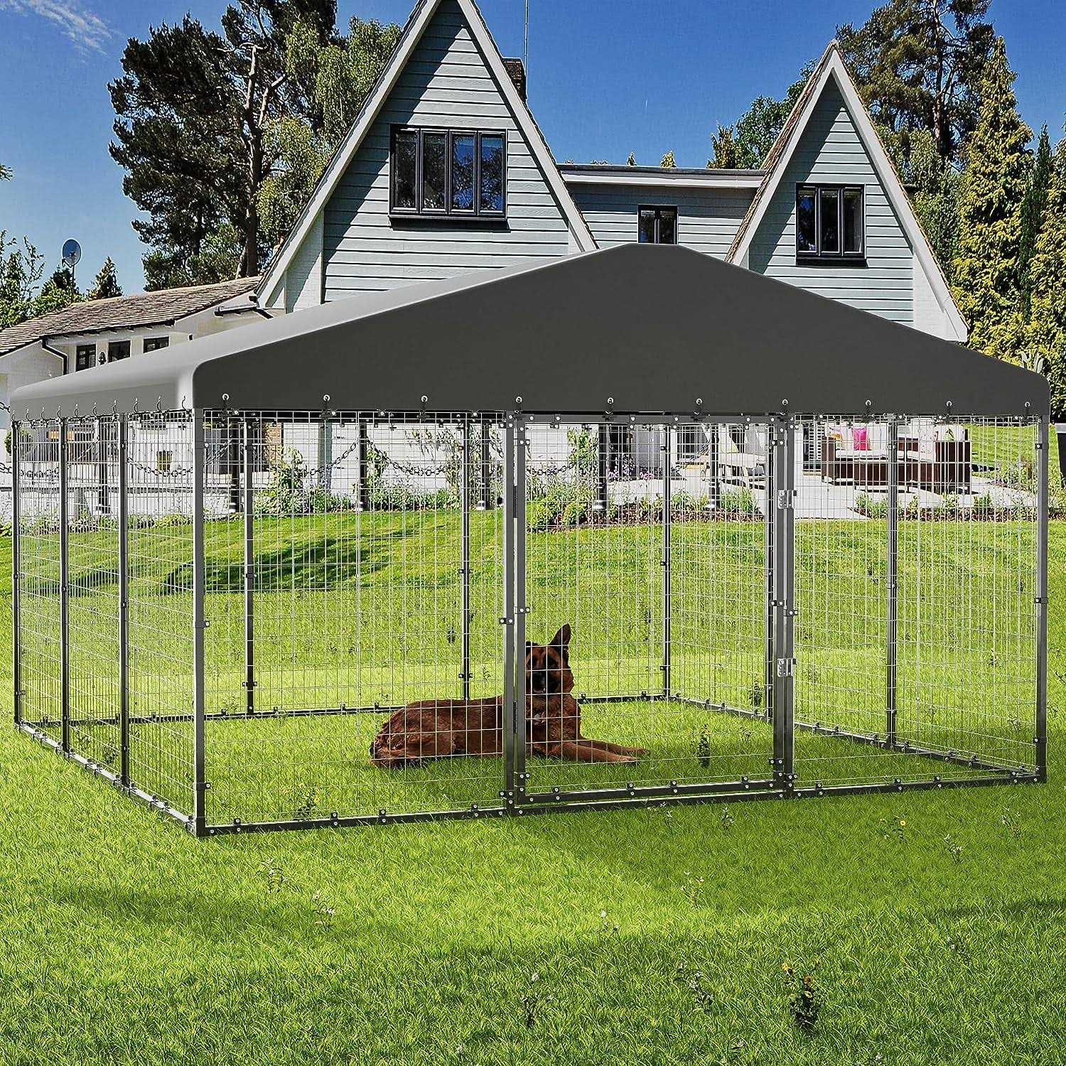 Alaulm Large Heavy Duty Outdoor Dog Kennel, Galvanized Steel Dog Kennel Fence with Roof and Double Safety Locks - Pet Supplies online store