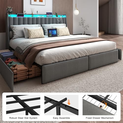 Queen Bed Frame with 2 Storage Drawers, Platform Bed Frame Queen Size with LED Light, Upholstered Headboard, Charging Station, Steel Slat Support