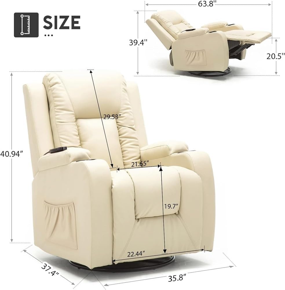 Deluxe Lazy Boy Recliner Chair Massage Rocker with Heated PU Leather - Ergonomic Lounge 360 Degree Swivel Sofa Seat with Drink Holders