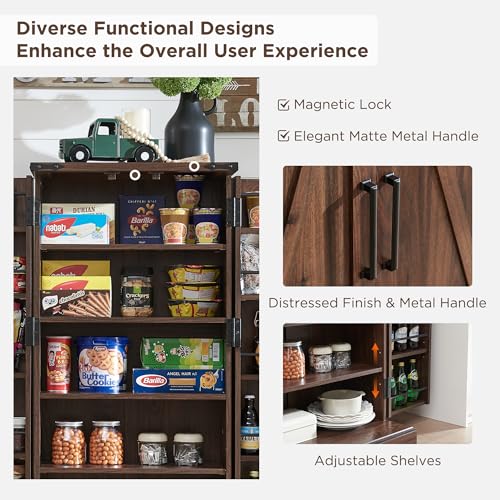 72" Tall Kitchen Pantry, Farmhouse Storage Cabinet with Barn Doors, Organizer, Drawer and Adjustable Shelves, Rustic Wood Cupboard for Kitchen