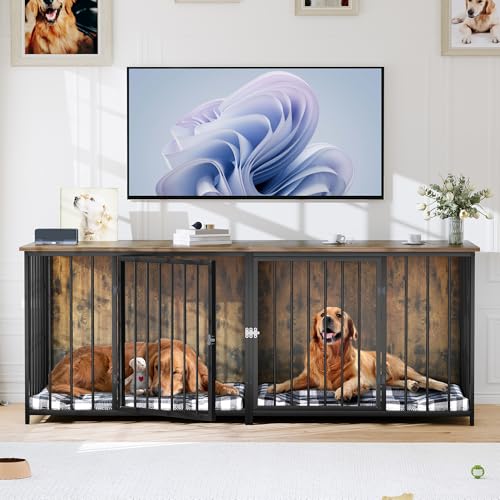 DWVO Double Dog Kennel Furniture, 80.2" Dog Cage Furniture with Divider, Double Dog Crate TV Stand for 2 Medium Dogs, Black
