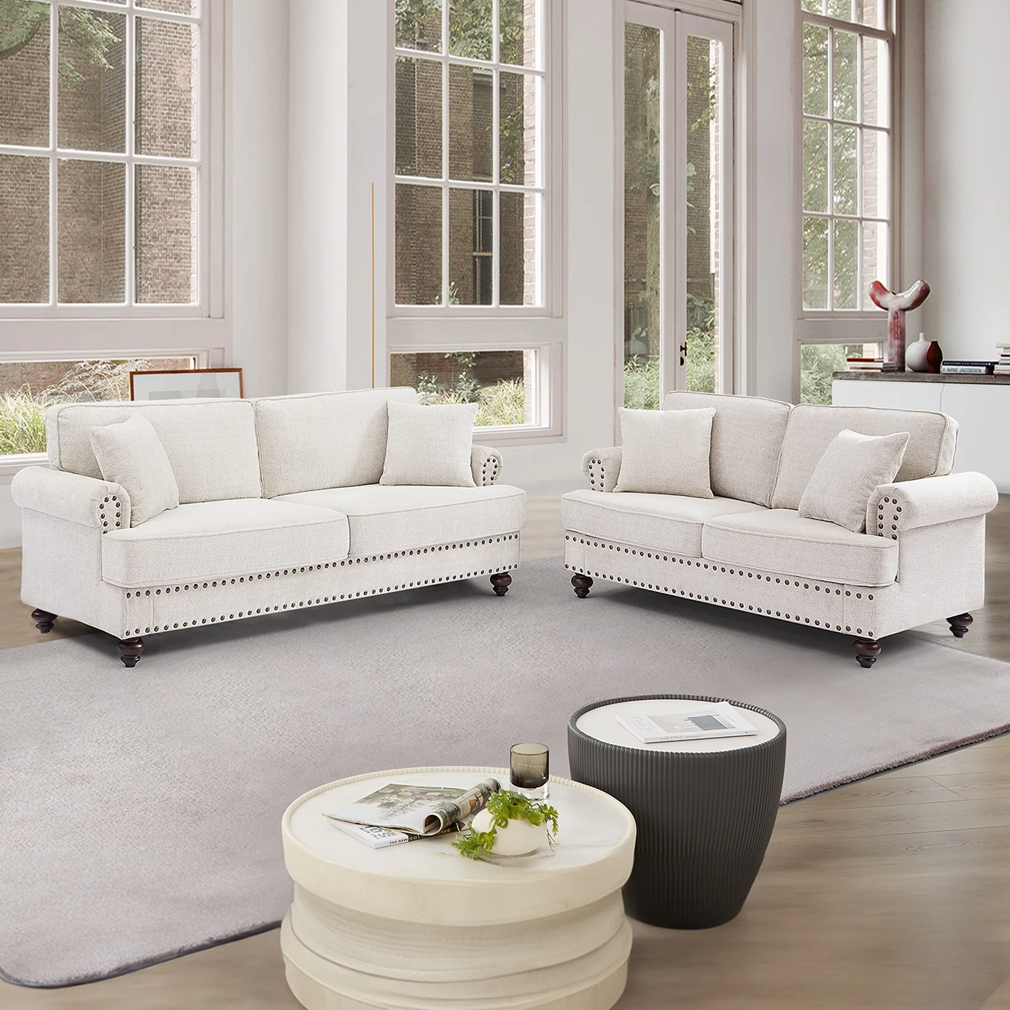 Muumblus Mid-Century Loveseat Sofa, 2 Seater Sofa with Nailhead, 61" Chenille Upholstered Couches for Living Room, White