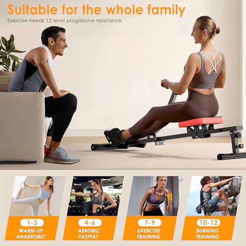 SogesGame Rowing Machine, Rower Machine with 12 Levels of Resistance for Complete Body Workouts, Low-Impact