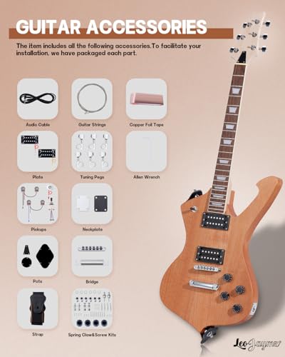 Leo Jaymz DIY Single Cut Electric Guitar Kits with Mahogany Body and Neck - Rosewood Fingerboard and All Components Included (LP Hollow)