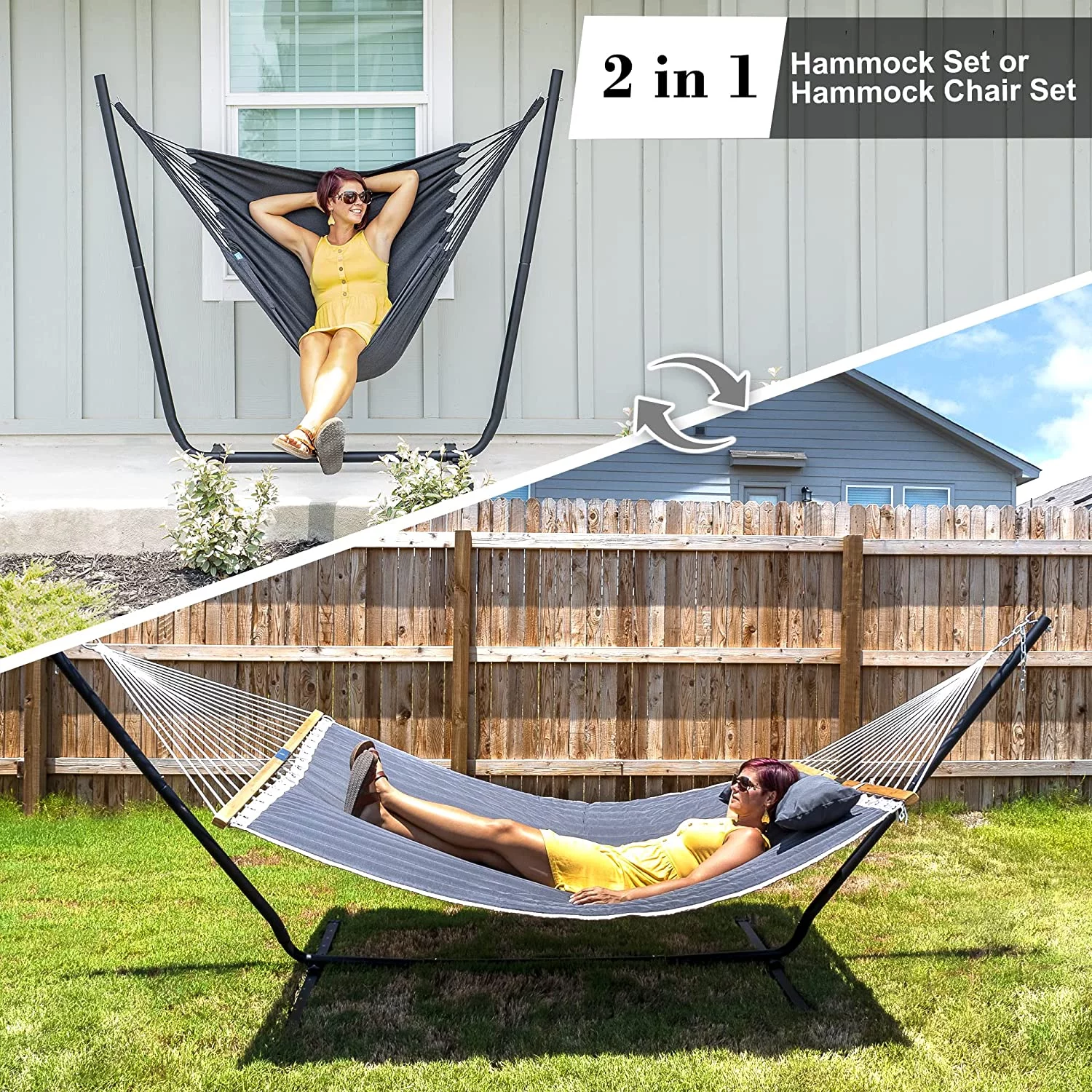SUNCREAT Polyester 2-in-1 Outdoor Patio Hammock with Stand, Patent Pending, Dark Gray