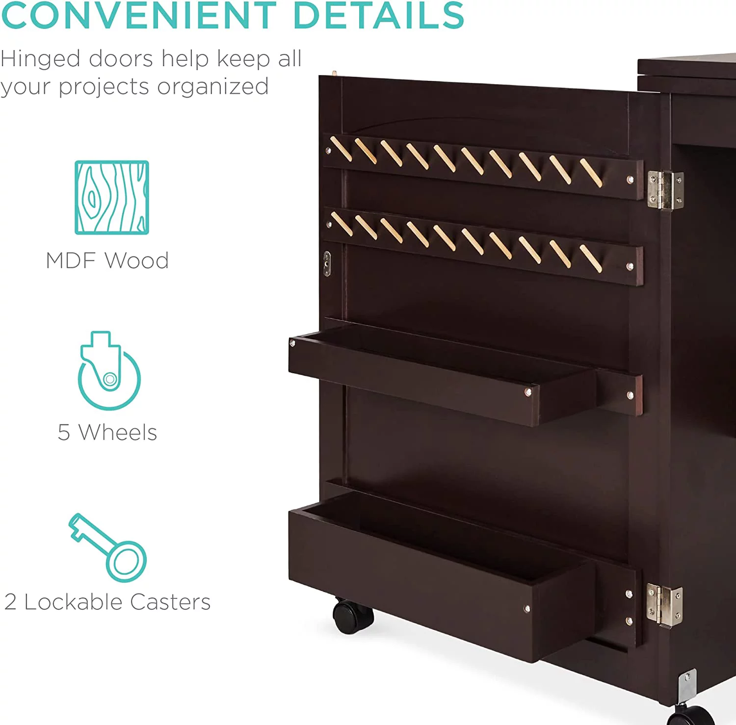 Folding Sewing Table Multipurpose Craft Station & Side Desk with Compact Design, Wheels, Shelves, Bins, Pegs, Magnetic Doors, Metal Doorknobs
