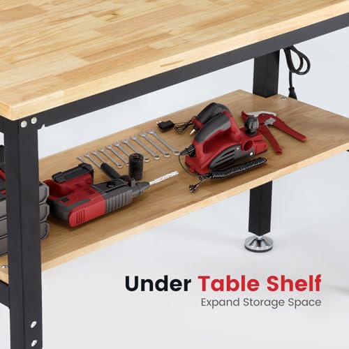 48 Inch Work Table for Garage Adjustable Height Rubber Wood Tabletop Workbench with Storage Work Bench Table with Power Outlets Pegboard Pad for