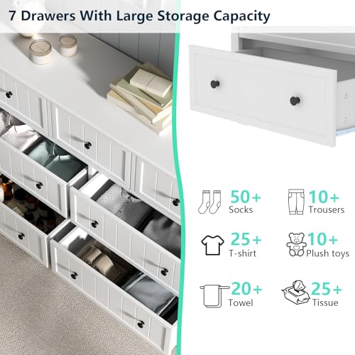 Farmhouse Dresser with 7 Drawers, White Dresser for Bedroom, Chest of Drawers, Modern Dresser for Closet, TV Stand with Large Drawers