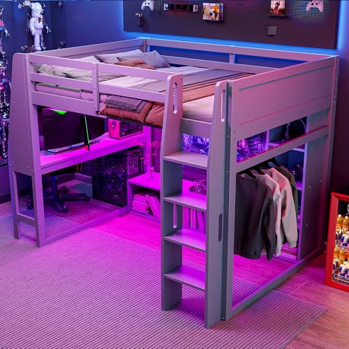 SOFTSEA Full Size Loft Bed with Desk and Storage, Solid Wood Loft Bed with Open Wardrobe and Multi-Storage Shelves
