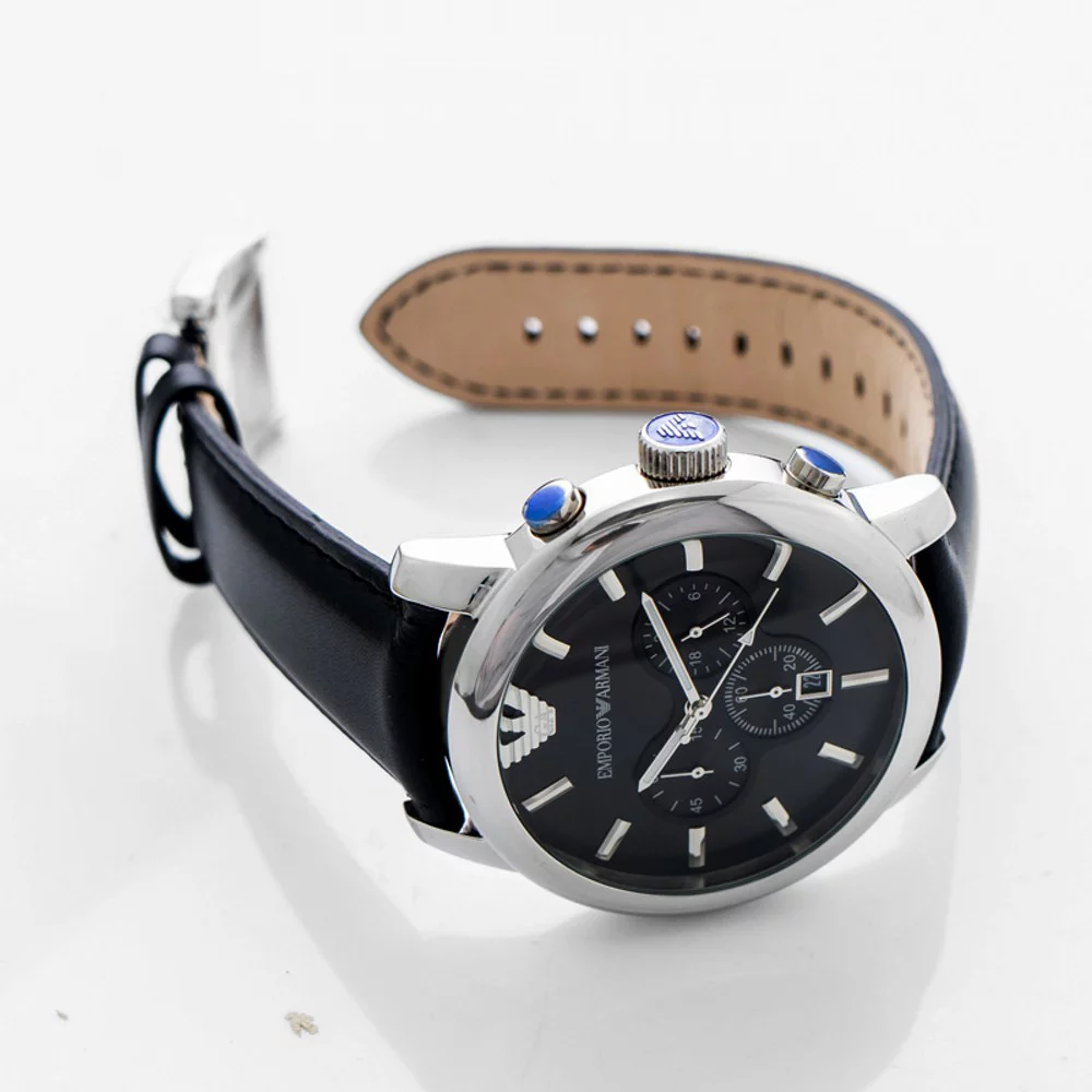 Emporio Armani Men's Emporio AR0431 Armani Gents Stainless Steel Chronograph Watch with Black Leather Strap