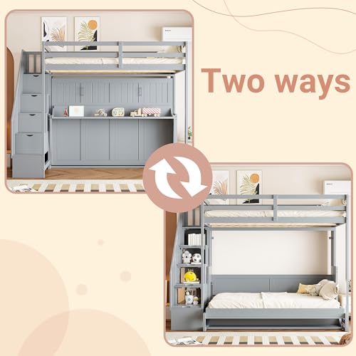 Full Murphy Bed with Stairs, Convertible Wall Bed Frame with Hydraulic Lift & Desk, Murphy Cabinet Beds with Upper Bed for Teens, Boys and Girls