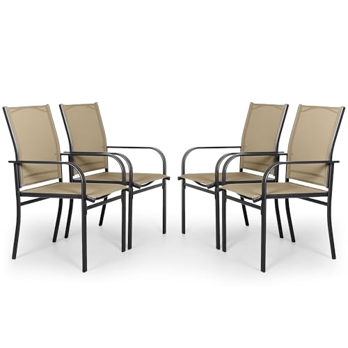 Outdoor Wrought Iron Dining Chairs Set of 4, Patio Textilene Dining Chair with High Backrest, Metal Frame Furniture Chairs with Armrests for Deck