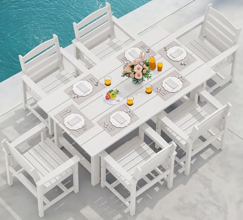 SERWALL Outdoor HDPE Dining Table Set, 7-Piece Outdoor Dining Table Sets with Umbrella Hole Cut-Out Table and 6 Chairs, Gray