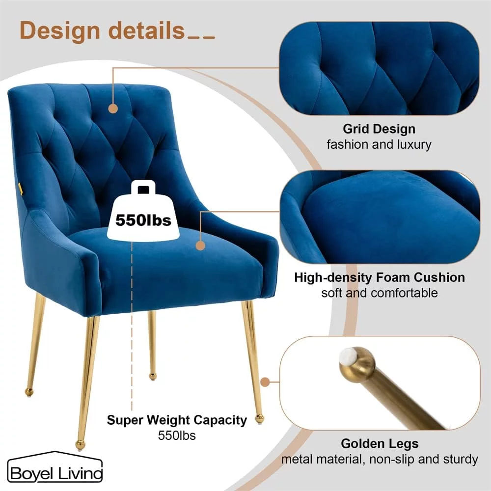 Boyel Living Dining Chair Set of 2 Velvet Upholstered with Gold Legs, Mid Century Modern Accent Chair for Bedroom, Living Room, Dining Room