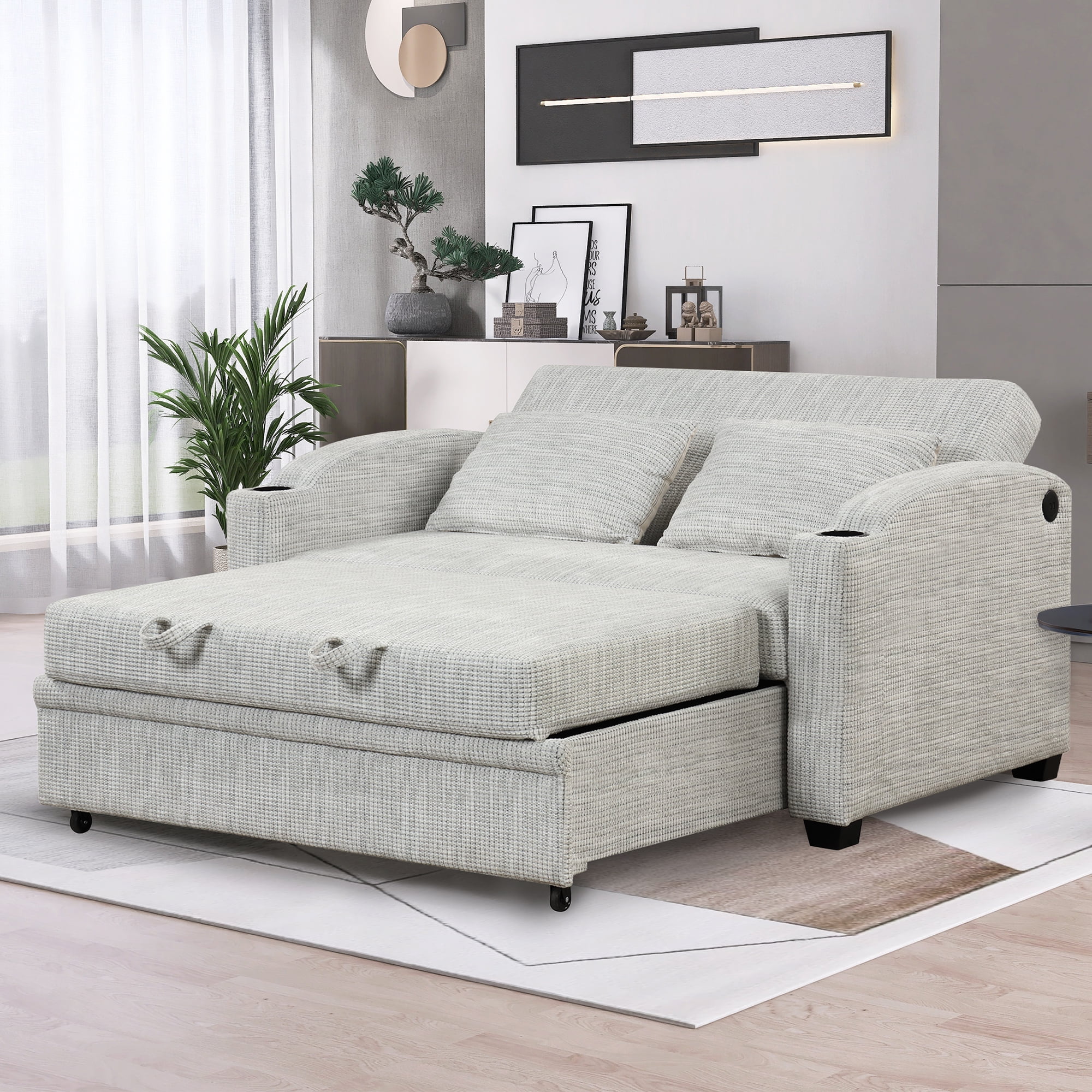 65" Pull Out Sofa Bed Modern Chenille Convertible Loveseat Sofa with Adjsutable Backrest, 2 Pillows, Cup Holders, USB Ports for Living Room