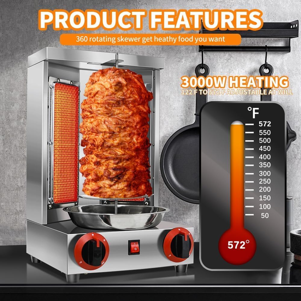 Li Zhen Shawarma Machine Gas Vertical Doner Kebab Machine Shawarma grill Vertical Rotisserie Machine Propane Vertical Broiler with 2 Burner and Meat