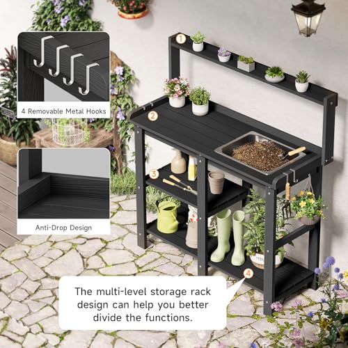 Potting Bench, Outdoor Potting Bench Table with Removable Sink, HDPS Potting Benches for Outside, Garden Table with Storage Shelves & 4 Side Hooks