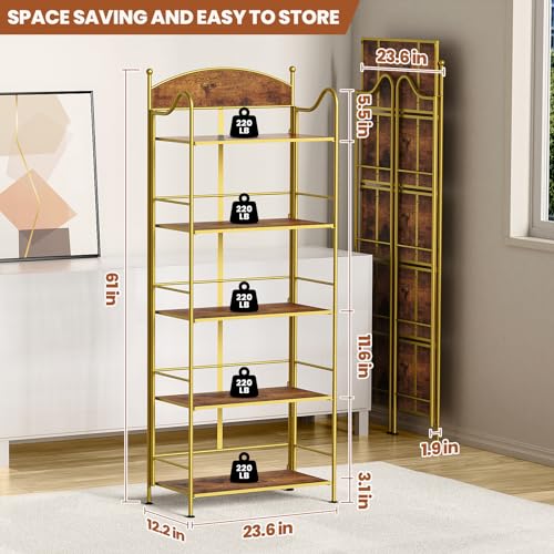 Folding Bookshelf No Assembly, 5 Shelf Black Folding Bookcase, Industrial Tall Metal Collapsible Corner Book Shelf with Storage Shelves for Bedroom