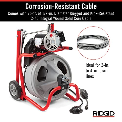 RIDGID 26998 Model K-400 Drain Cleaning 120-Volt Drum Machine Kit with C-45IW 1/2" x 75' Cable, White, Black, Red