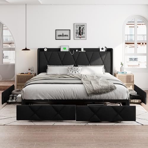 iPormis Queen Bed Frame with 4 Storage Drawers, Upholstered Platform Bed Frame with Charging Station, Modern Wingback Storage Headboard