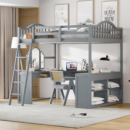 Harper & Bright Designs Full Size Loft Bed with Desk, Storage Shelves and Drawers, Solid Wood Loft Bed Frame with Built-in Wardrobe, Walnut