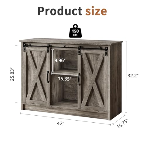 4 EVER WINNER Coffee Bar Cabinet with Sliding Barn Doors, 42” Sideboard Buffet Cabinet with Storage