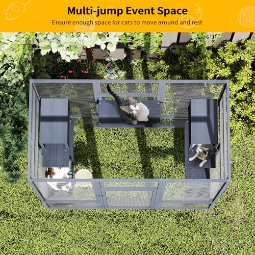 71Inches Large Wood Catio Outdoor Cat Enclosure with Perches and Condos, Cat House Indoor with Waterproof Roof
