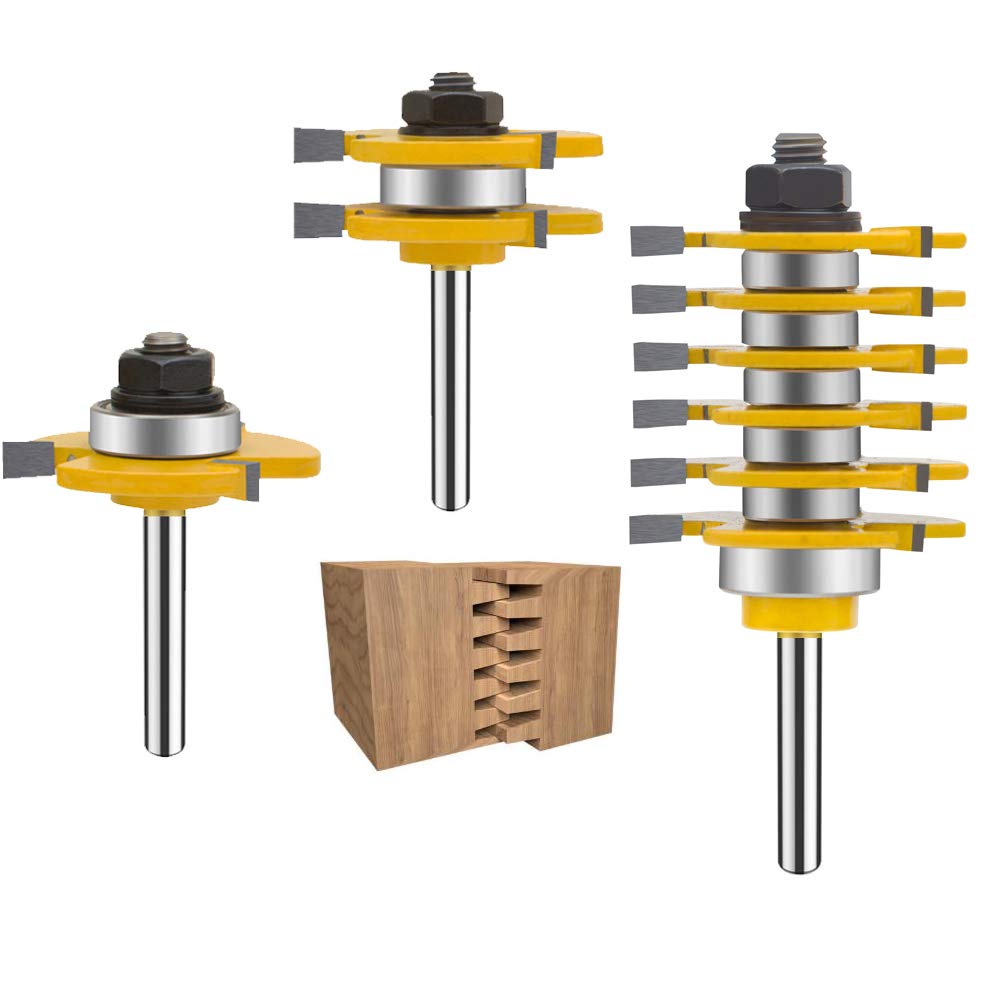 TAIWAIN 1/4 Inch Shank Router Bit Set 6 Finger Joint Woodworking Cutter 3PCS, Reversible Finger Glue Joinery Router Bits