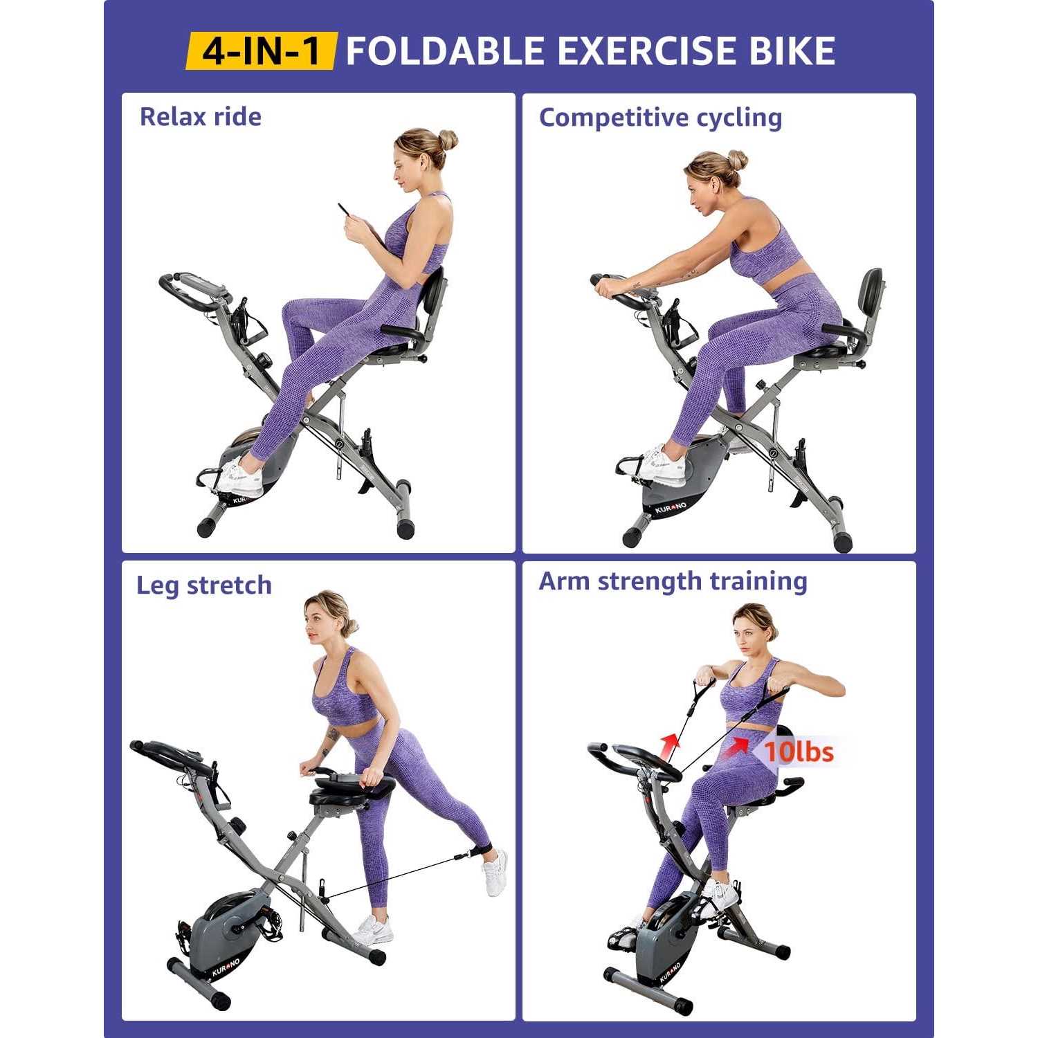 KURONO Stationary Exercise Bike for Home Workout Folding Indoor Cycling Bike for Seniors - Sports Supplies Online Store