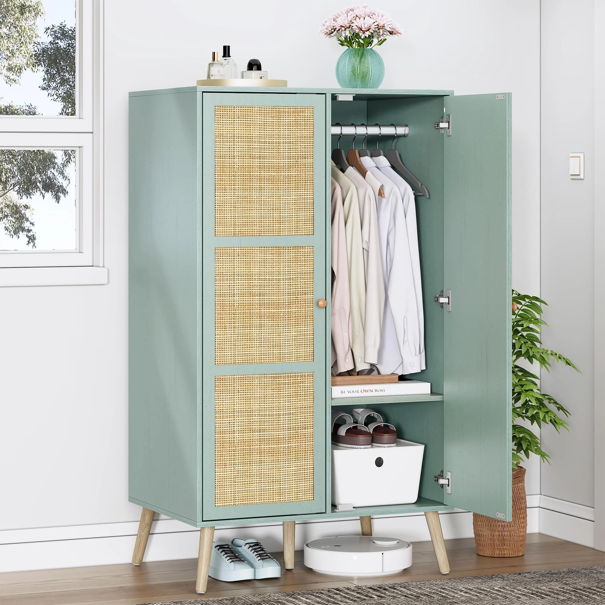 Brafab 55" Mid Century Vintage Armoire Wardrobe Closet with Natural Rattan Doors