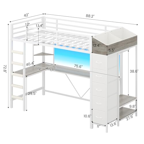VIAGDO Loft Bed Twin Size with Hall Tree, Charging Station and LED Lights, Metal Loft Bed with L-Shaped Desk, 5 Storage Drawers
