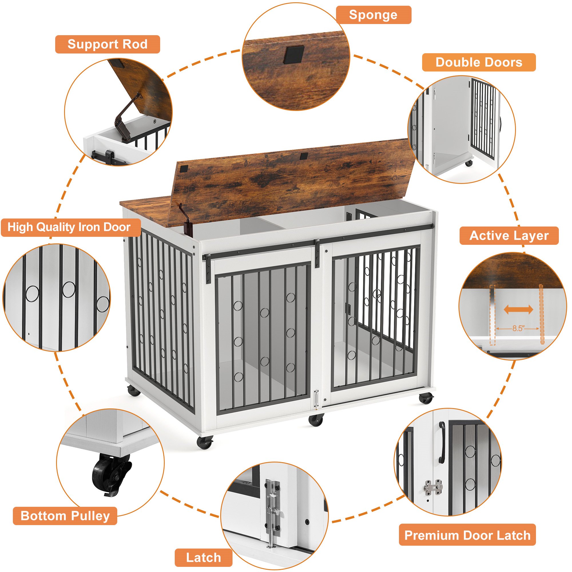 Ostreici 44" Anti-Bite Furniture Style Dog Crate Sliding Barn Door, Dog Kennel End Table w/ Wheels