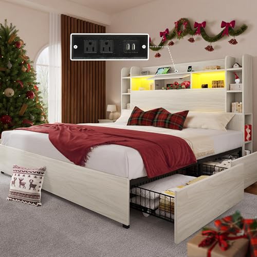 YITAHOME Queen Bed Frame with Bookcase Headboard and 4 Storage Drawers, RGB LED Bed Frame with Type-C & USB Charging Station Storage Headboard Bed