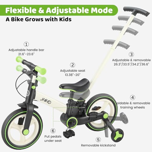 JMMD Toddler Bike with Push Handle for Kids 18-60 Months, 6 in 1 Foldable Push Bike with Training Wheels, Pedals, Brakes, Kickstand