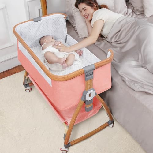 Baby Bassinet, Bedside Bassinet for Baby, 6 Height Adjustable Baby Bed, 3 in 1 Bassinet Bedside Sleeper with Wheels, Mosquito Net