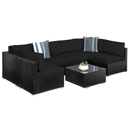 Best Choice Products 7-Piece Modular Outdoor Sectional Wicker Patio Conversation Set w/ 2 Pillows, Coffee Table, Cover Included - Gray/Navy