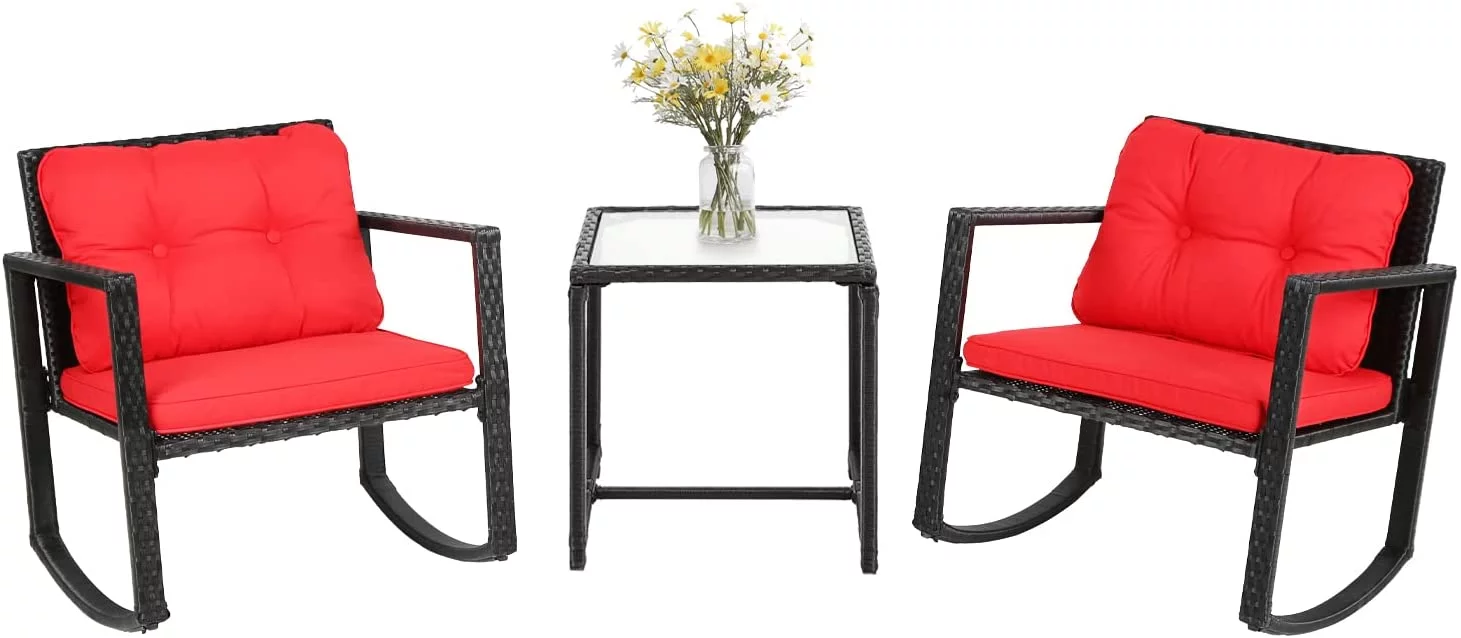 FDW 3 Pieces Wicker Rocking Bistro Conversation Set Chairs Outdoor with Cushions and Glass Coffee Table,Red