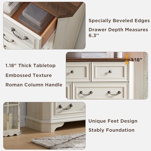 T4TREAM Farmhouse 5 Drawers Dresser for Bedroom, 48" Tall Wood Rustic Chest of Drawers with Natural Texture, Vintage Design