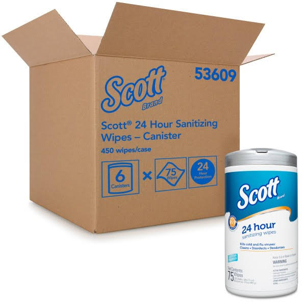 Scott 24-Hour Sanitizing Wipes, White, 75/Canister, 6 Canisters/CT (KCC53609)