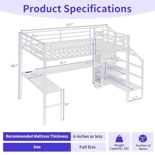 Full Size Metal Loft Bed Heavy-Duty Loft Bed Frame, LED Loft Bed Frame with L Shaped Desk, Wardrobe, Storage Stairs
