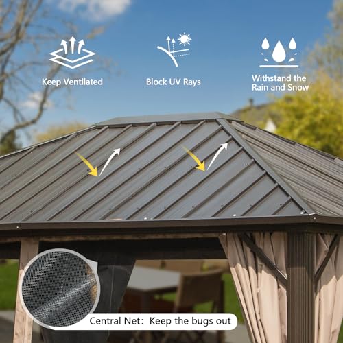 Domi 10’ x 10’ Hardtop Gazebo Metal Frame Canopy with Netting & Curtains