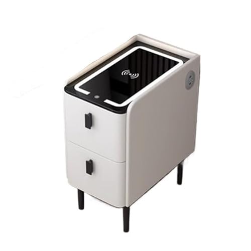 Narrow Side Table with 2 Drawers, End Table with Charging Station, Skinny Nightstand with LED Light, Slim Bedside Table for Bedroom, Living Room