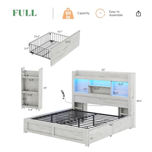 AMERLIFE Queen Bed Frame with 4 Storage Drawers, LED Platform Bed with 49" Bookcase Headboard