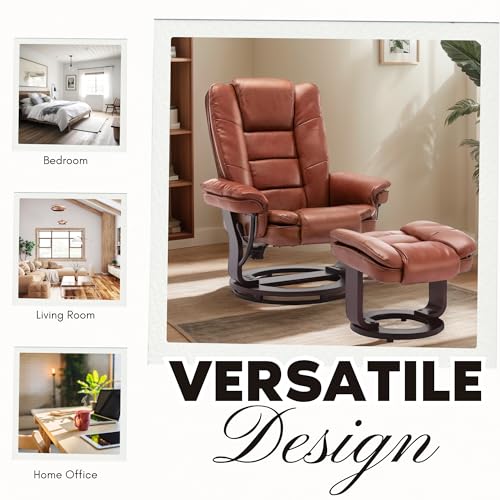 JC Home Argus Swivel Recliner with Ottoman, PU Leather & Wood Base Reclining Chair with Footrest, Ultra-Plush Double Foam for Living Room